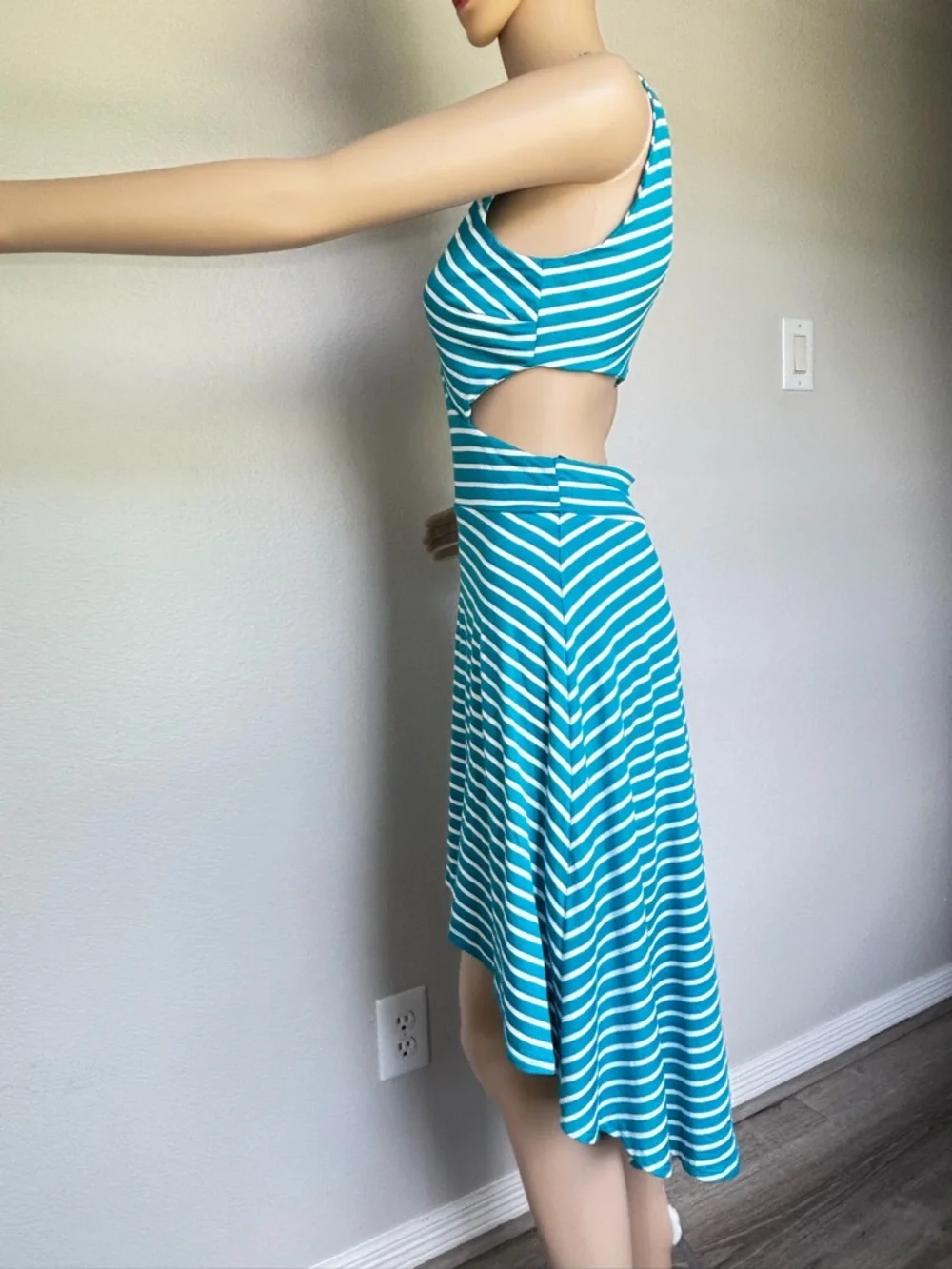 bebe Teal and White Striped High-Low Cutout Dress open back NWT - Picture 5 of 14